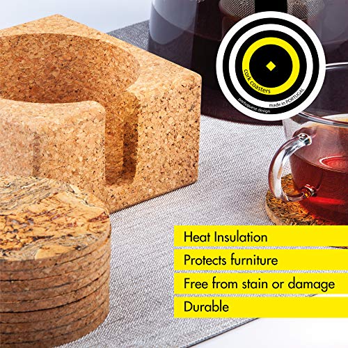 Natural Cork Coasters for Drinks – 10 Absorbent Drink Coasters with Matching Cork Holder That Doubles as a Bottle Coaster to Protect Tables and Countertops