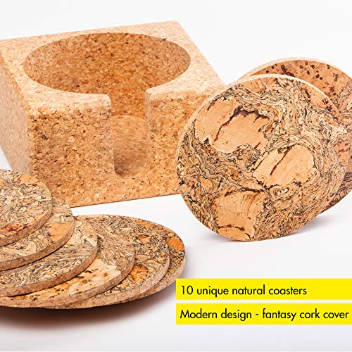 Natural Cork Coasters for Drinks – 10 Absorbent Drink Coasters with Matching Cork Holder That Doubles as a Bottle Coaster to Protect Tables and Countertops