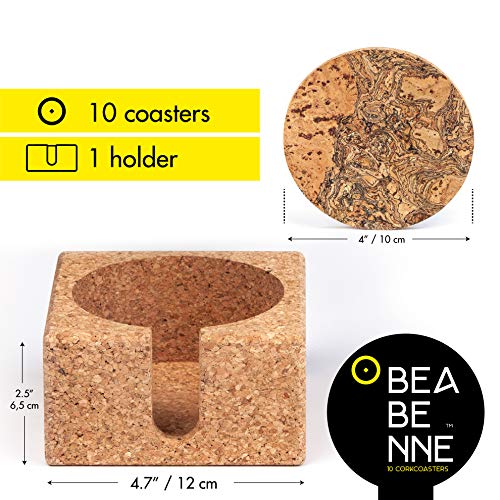 Natural Cork Coasters for Drinks – 10 Absorbent Drink Coasters with Matching Cork Holder That Doubles as a Bottle Coaster to Protect Tables and Countertops