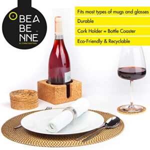 Natural Cork Coasters for Drinks – 10 Absorbent Drink Coasters with Matching Cork Holder That Doubles as a Bottle Coaster to Protect Tables and Countertops