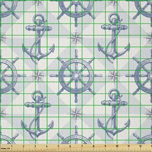 Lunarable Nautical Fabric by The Yard, Hand Drawn Compass Anchor with Ship Steering Wheel Nautical Marine, Microfiber Fabric for Arts and Crafts Textiles & Decor, 1 Yard, Grey Blue