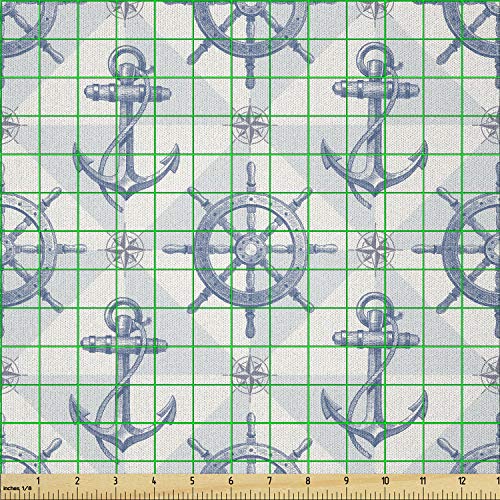 Lunarable Nautical Fabric by The Yard, Hand Drawn Compass Anchor with Ship Steering Wheel Nautical Marine, Microfiber Fabric for Arts and Crafts Textiles & Decor, 1 Yard, Grey Blue