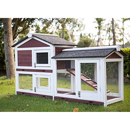 Wood Rabbit Hutch Guinea Pig Coop Rabbit House for Small Animals with Ramp Removable Tray Run Area Outdoor Indoor