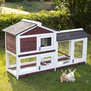 Wood Rabbit Hutch Guinea Pig Coop Rabbit House for Small Animals with Ramp Removable Tray Run Area Outdoor Indoor