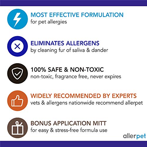 Allerpet Multi-Pet Dander Remover with FREE Application Mitt & Sprayer - Best Pet Dander Remover for Allergens - For Dog/Cat Dry Skin Treatment - Made in USA - (12oz)