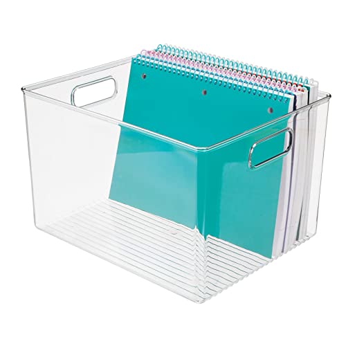 mDesign Plastic Bin Storage Organizer Basket Container with Handle for Home Office, Kitchen Cabinet, Pantry Shelf Organization - Holds Notebook, Books, Food, Ligne Collection - Clear