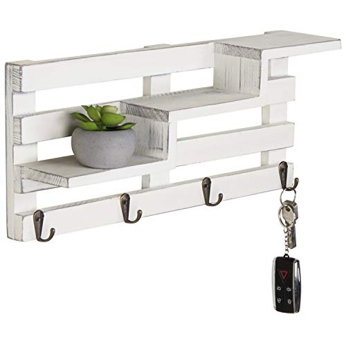 MyGift Key Holder for Wall, Wall-Mounted Vintage White Wood Tiered Accent Shelf with Key Hooks