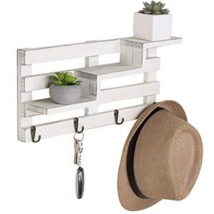 MyGift Key Holder for Wall, Wall-Mounted Vintage White Wood Tiered Accent Shelf with Key Hooks