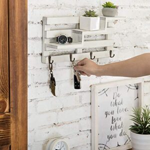 MyGift Key Holder for Wall, Wall-Mounted Vintage White Wood Tiered Accent Shelf with Key Hooks