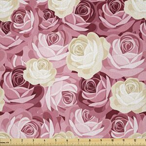lunarable roses fabric by the yard, feminine pattern victorian gardens inspired vintage floral pastel colored arrangement, microfiber fabric for arts and crafts textiles & decor, 1 yard, cream
