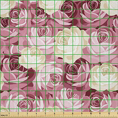 Lunarable Roses Fabric by The Yard, Feminine Pattern Victorian Gardens Inspired Vintage Floral Pastel Colored Arrangement, Microfiber Fabric for Arts and Crafts Textiles & Decor, 1 Yard, Cream