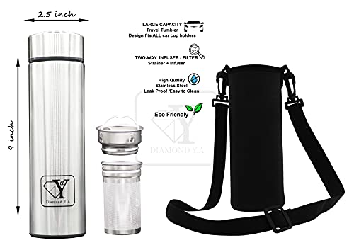 Diamond YA/Travel Mug Double Wall/water bottle/Coffee mug/tea Vacuum Flask/Tea Flask/Cold Brew Coffee Flaks17oz Tumbler with Tea Infuser & Strainer/Thermos Bag With Strap/Stainless Steel