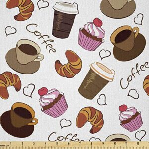 lunarable coffee fabric by the yard, coffee cups takeaways and sweets cherry cupcake croissant american breakfast culture, microfiber fabric for arts and crafts textiles & decor, 1 yard, brown