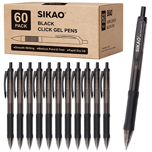 Gel Pens 60 Pack Black Gel Pens Fine Point Smooth Writing Pens No Smear, Black Pens Bulk, Comfy Grip Retractable Gel Ink Pens, 0.7 Pens, Roller Ball Pens Medium Point, Server Office Pens, Lapiceros