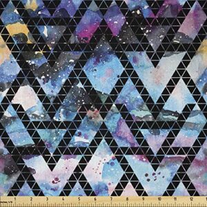 lunarable galaxy fabric by the yard, tribal motifs monochrome triangles with colorful abstract space themed backdrop, microfiber fabric for arts and crafts textiles & decor, 1 yard, black blue