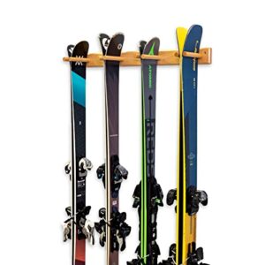 storeyourboard timber ski wall rack, 4 pairs of skis storage, wood home and garage mount system, natural wood