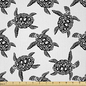lunarable sea animals fabric by the yard, monochrome illustration of swimming marine ocean turtles tribal details, microfiber fabric for arts and crafts textiles & decor, 1 yard, white