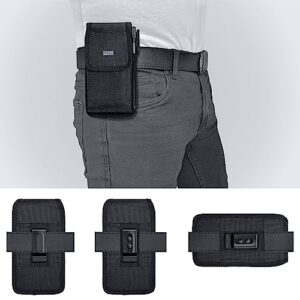 PiTau Cell Phone Belt Holder for iPhone 14, 14 Pro, 13, 13 Pro, 12, 12 Pro, 11, XR Black Nylon Holster Case with Belt Clip Carrying Pouch Cover (Fits iPhone 14 13 12 11 with Protective Cases) Small