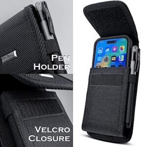 PiTau Cell Phone Belt Holder for iPhone 14, 14 Pro, 13, 13 Pro, 12, 12 Pro, 11, XR Black Nylon Holster Case with Belt Clip Carrying Pouch Cover (Fits iPhone 14 13 12 11 with Protective Cases) Small