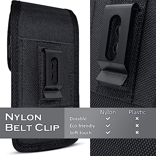 PiTau Cell Phone Belt Holder for iPhone 14, 14 Pro, 13, 13 Pro, 12, 12 Pro, 11, XR Black Nylon Holster Case with Belt Clip Carrying Pouch Cover (Fits iPhone 14 13 12 11 with Protective Cases) Small