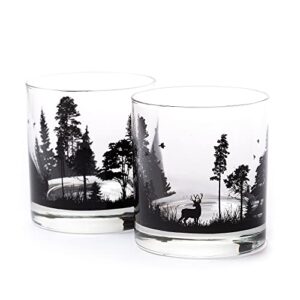 black lantern whiskey glasses – handmade whiskey glass set and bar glasses – forest animals design (set of two 11oz. glasses) - small tumbler glasses for cocktails and everyday drinking glasses