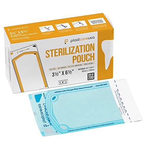 200 3.5 X 5.25 Self Sterilization Pouches for Dental Offices, Autoclave Sterilizer Bags Pouch for Dentist Tools, for Cleaning Tools, 200 Pouches Per Box, 1 Box of Paper Blue Film…