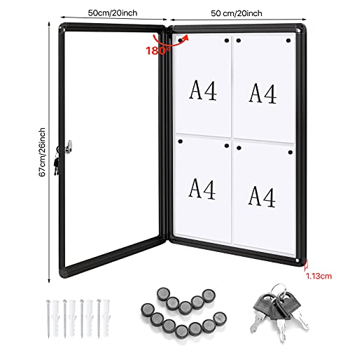 Swansea Enclosed Notice Board Magnetic Bulletin Boards for Office,Black Frame,with Locking Door 26x20inch(4XA4）