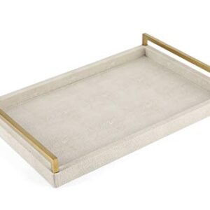 WV Ivory Faux Shagreen Decorative Tray PU Leather with Brushed Gold Stainless Steel Handle for Coffee Table, Ottoman, Console Table （Ivory