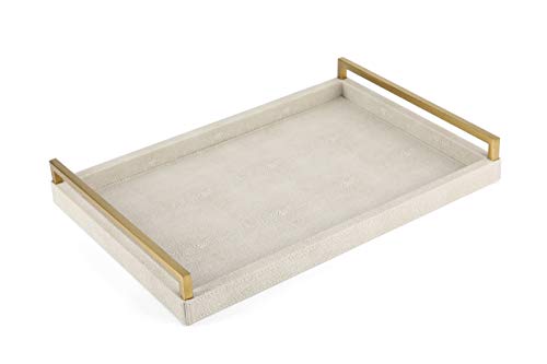 WV Ivory Faux Shagreen Decorative Tray PU Leather with Brushed Gold Stainless Steel Handle for Coffee Table, Ottoman, Console Table （Ivory