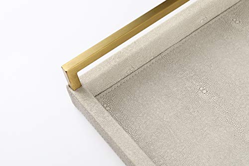 WV Ivory Faux Shagreen Decorative Tray PU Leather with Brushed Gold Stainless Steel Handle for Coffee Table, Ottoman, Console Table （Ivory