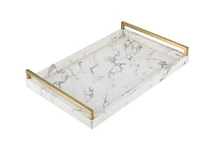 wv coffee table serving tray faux leather white marble finish with brushed gold stainless steel handle for living room (white)