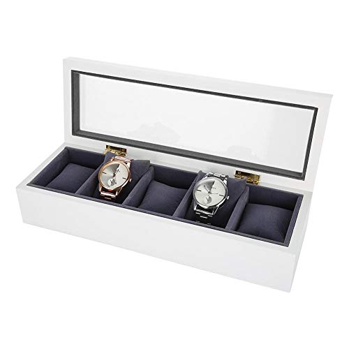 Watch Box Display Case, 5 Slot Glass Storage Box Organizer Watch Jewelry Display Box(White)