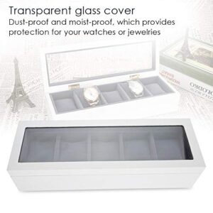 Watch Box Display Case, 5 Slot Glass Storage Box Organizer Watch Jewelry Display Box(White)