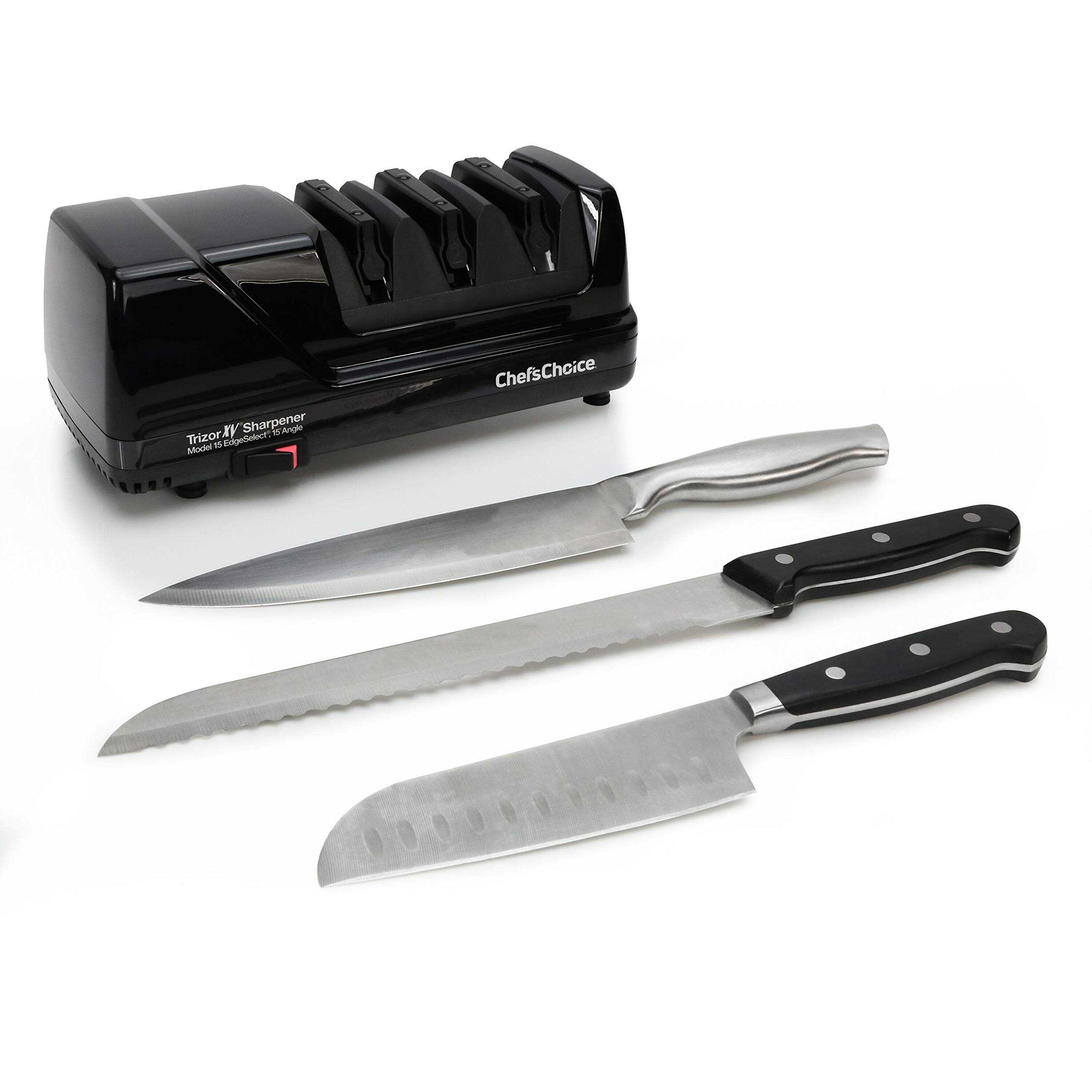 Chef'sChoice 15XV EdgeSelect Professional Electric Knife Straight and Serrated Knives Diamond Abrasives Patented Sharpening System, 3-Stage, Black