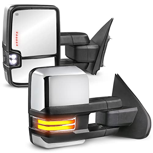 MOSTPLUS Power Heated Towing Mirrors Compatible for Chevy Silverado GMC Serria 2014-2019 w/Sequential Turn light, Parking Lamp, Running Light (Set of 2) Not for diesel truck (Chrome)