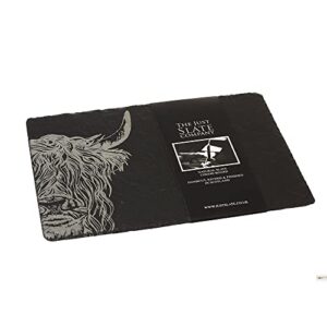 the just slate company, handcrafted slate rectangle cheese board, laser etched highland cow design