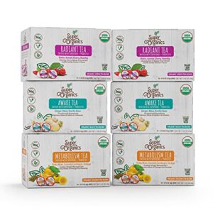 super organics tea variety pack with superfoods and probiotics keurig k-cup compatible awake tea, metabolism tea, beauty tea usda certified organic, vegan, non-gmo, 60ct