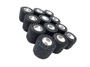 wildcow 2" black vet wrap tape bulk, 12 pack cohesive bandage wraps, self adherent grip rolls - solid colors