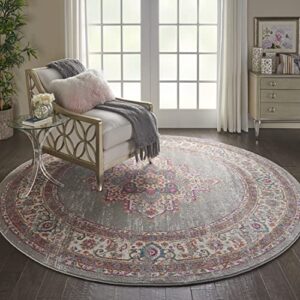 nourison passion grey 8' x round area -rug, boho, traditional, easy -cleaning, non shedding, bed room, living room, hallway, (8' round)