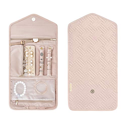 BAGSMART Travel Jewelry Organizer Roll Foldable Jewelry Case for Journey-Rings, Necklaces, Bracelets, Earrings, Soft Pink