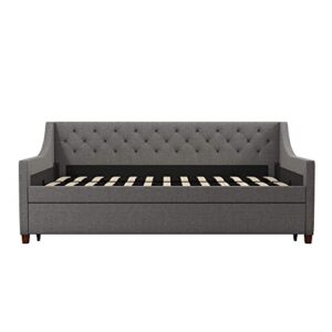 Novogratz Her Majesty Upholstered Daybed and Trundle, Twin Over Twin, Grey Linen