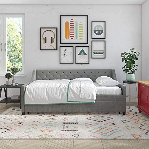 Novogratz Her Majesty Upholstered Daybed and Trundle, Twin Over Twin, Grey Linen