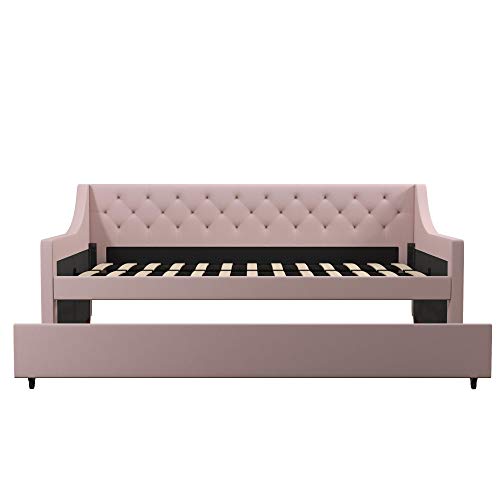 Novogratz Her Majesty Upholstered Daybed with Trundle, Twin Size Frame, Pink Linen