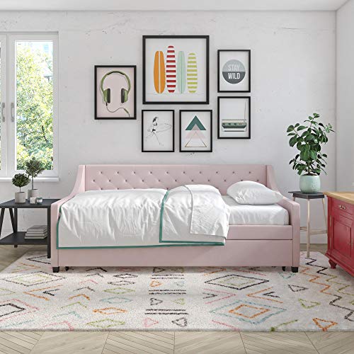 Novogratz Her Majesty Upholstered Daybed with Trundle, Twin Size Frame, Pink Linen