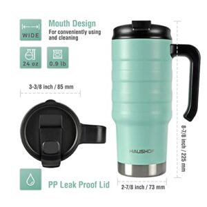 HAUSHOF 24 oz Travel Mug, Stainless Double Wall Vacuum Insulated Tumbler with Handle & Spill Proof Twist On Flip Lid and Wide Mouth, BPA Free