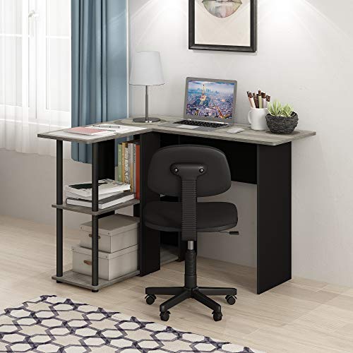 Furinno Abbott L-Shape Computer Desk with Bookshelf, French Oak Grey/Black