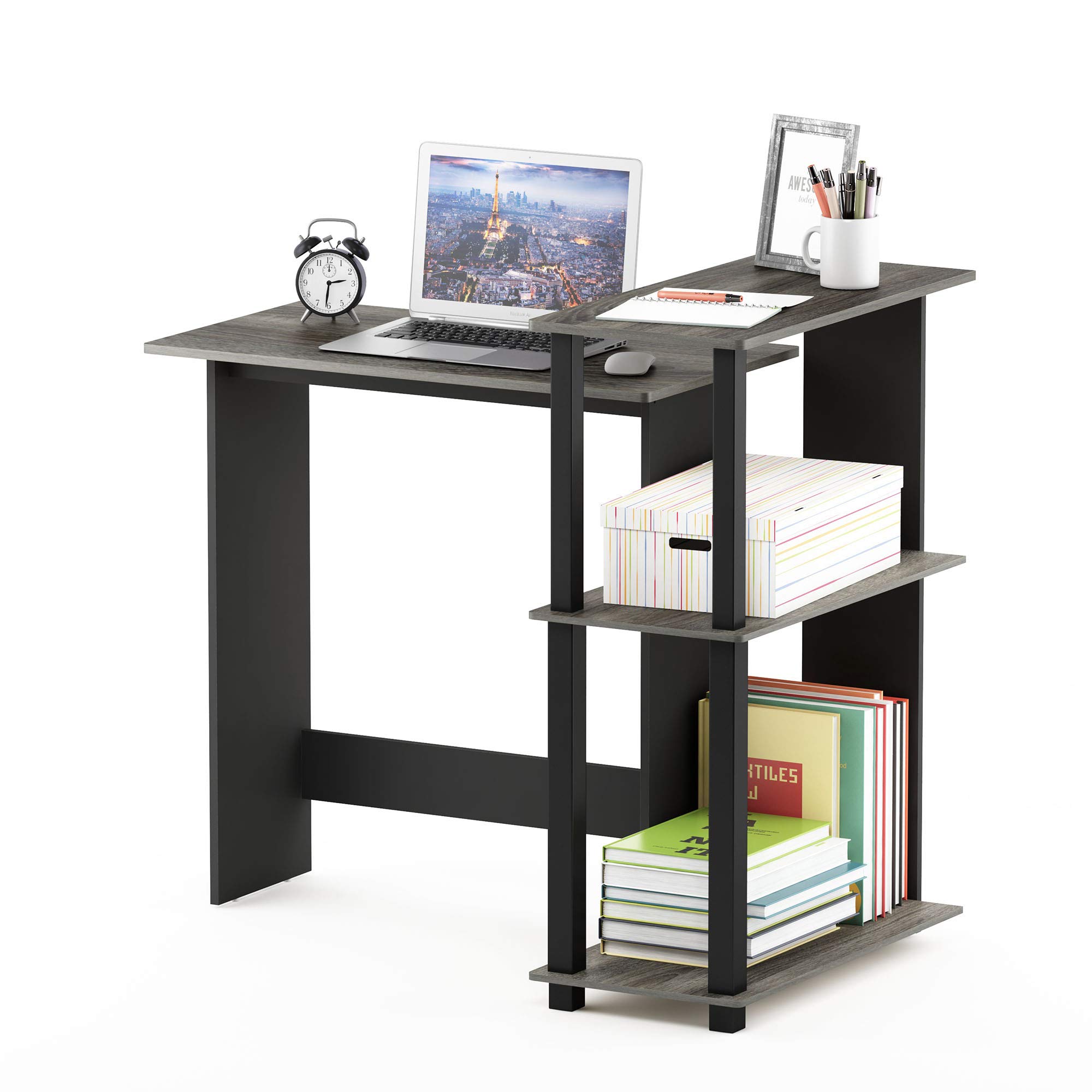 Furinno Abbott Corner Computer Desk with Bookshelf, French Oak Grey/Black