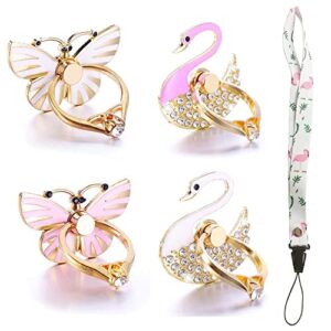 4 pack phone ring stand, diamond bling butterfly cell phone kickstand grip, 360 rotation universal multi angle metal phone ring holder (2 butterfly, 2 swan, 1 strip)