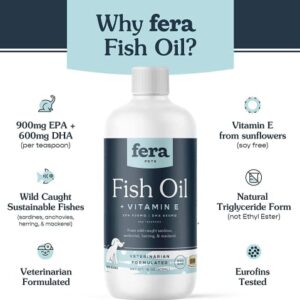 Fera Pets Fish Oil for Dog and Cat with DHA, EPA, Vitamin E and Omega-3 Fatty Acids – Liquid Fish Oil Supplement - Brain Function & Immune Health 16 oz