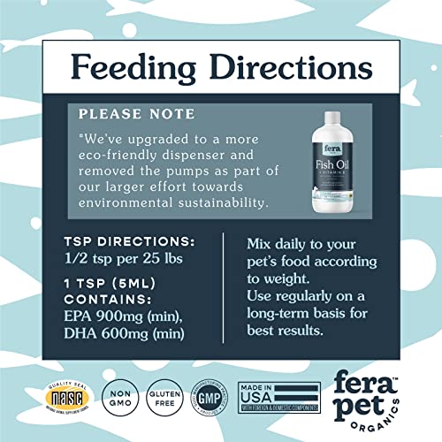 Fera Pets Fish Oil for Dog and Cat with DHA, EPA, Vitamin E and Omega-3 Fatty Acids – Liquid Fish Oil Supplement - Brain Function & Immune Health 16 oz